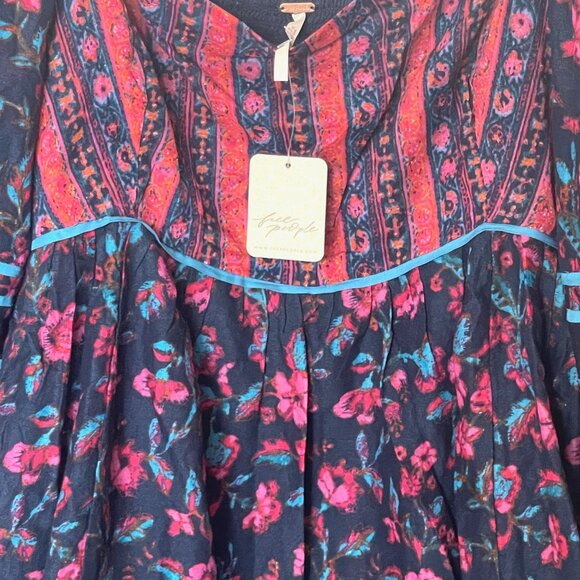 Free People Endless Afternoon Mini Dress Blue Red Floral Long Sleeve Babydoll - Picture 7 of 11
